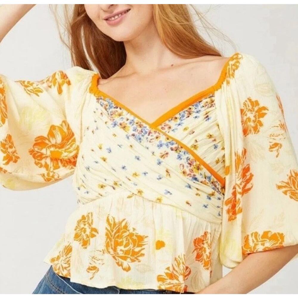 Free People Top Small Womens Orange Mirabella Smocked Puff Sleeve Crop Boho